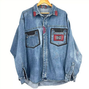 VTG 90s Exhaust Button Up Denim Shirt (No Size) XL Baggy Rare Logo Hip Hop Y2K